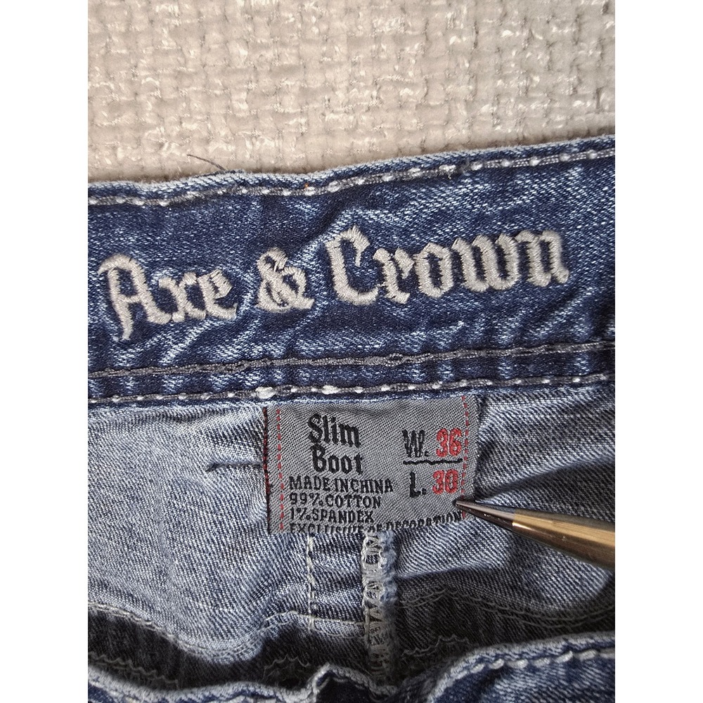Axe & Crown Mens Slim Boot Jeans 36x29 Blue Distressed Thick Stitch Embroidered - Picture 2 of 10